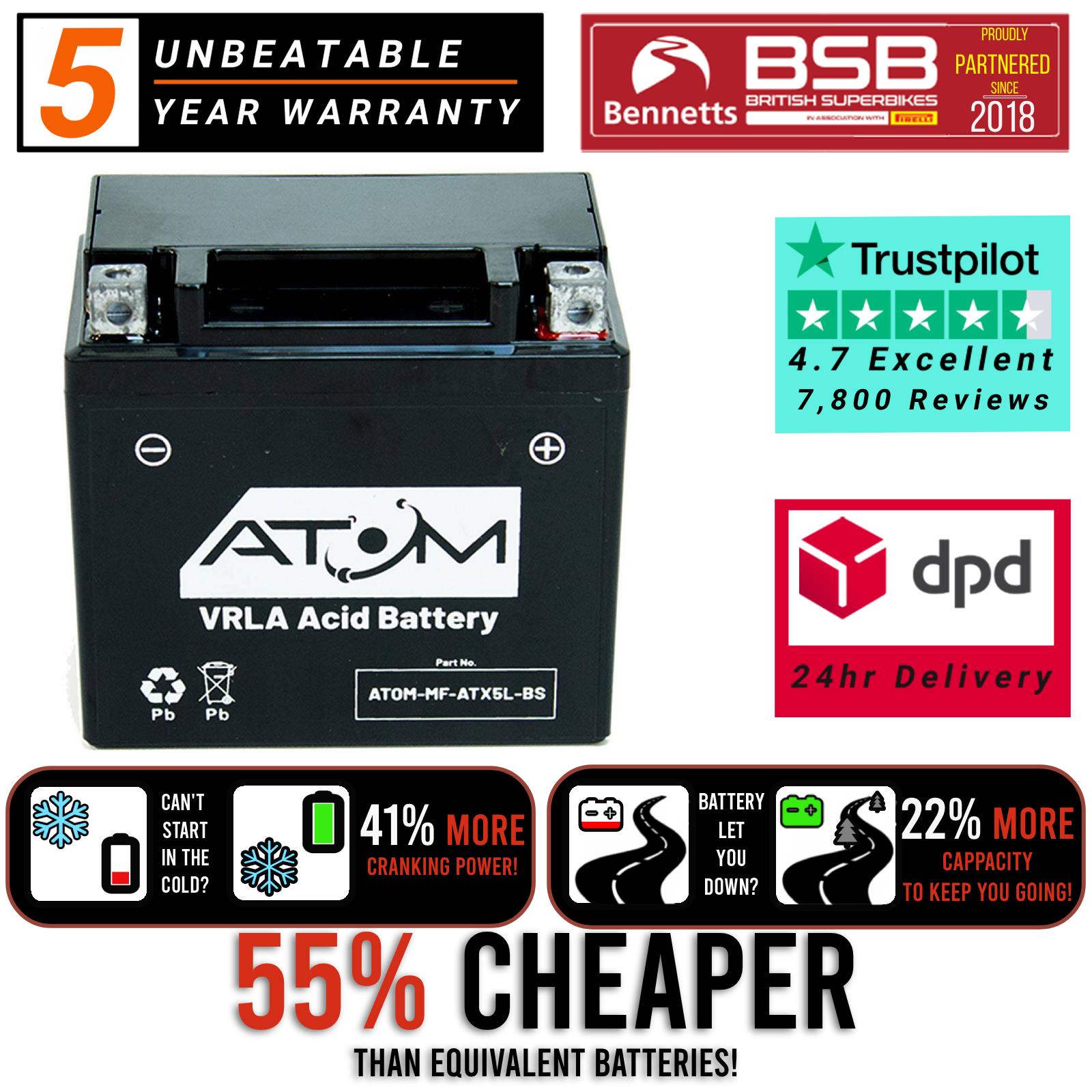 YTX5L-BS - Atom Maintenance Free Battery - Lexmoto ZSX-F 125 ZS125