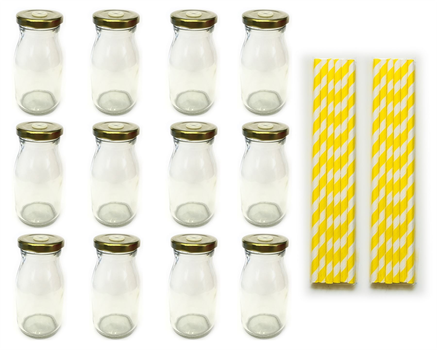 Unowall Set of 12 Mini Glass Milk Bottles, Lids & Paper Straws