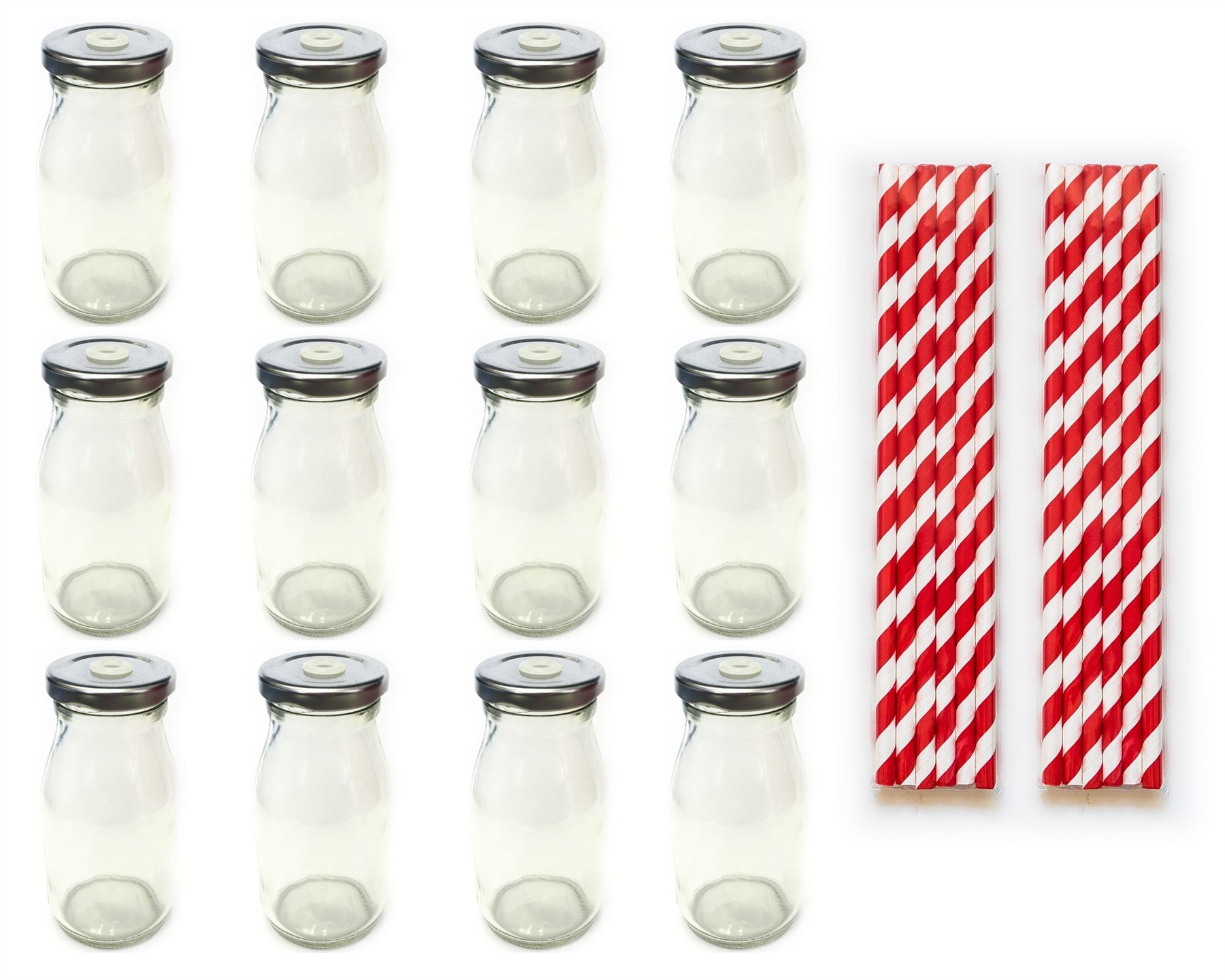 Unowall Set of 12 Mini Glass Milk Bottles, Lids & Paper Straws
