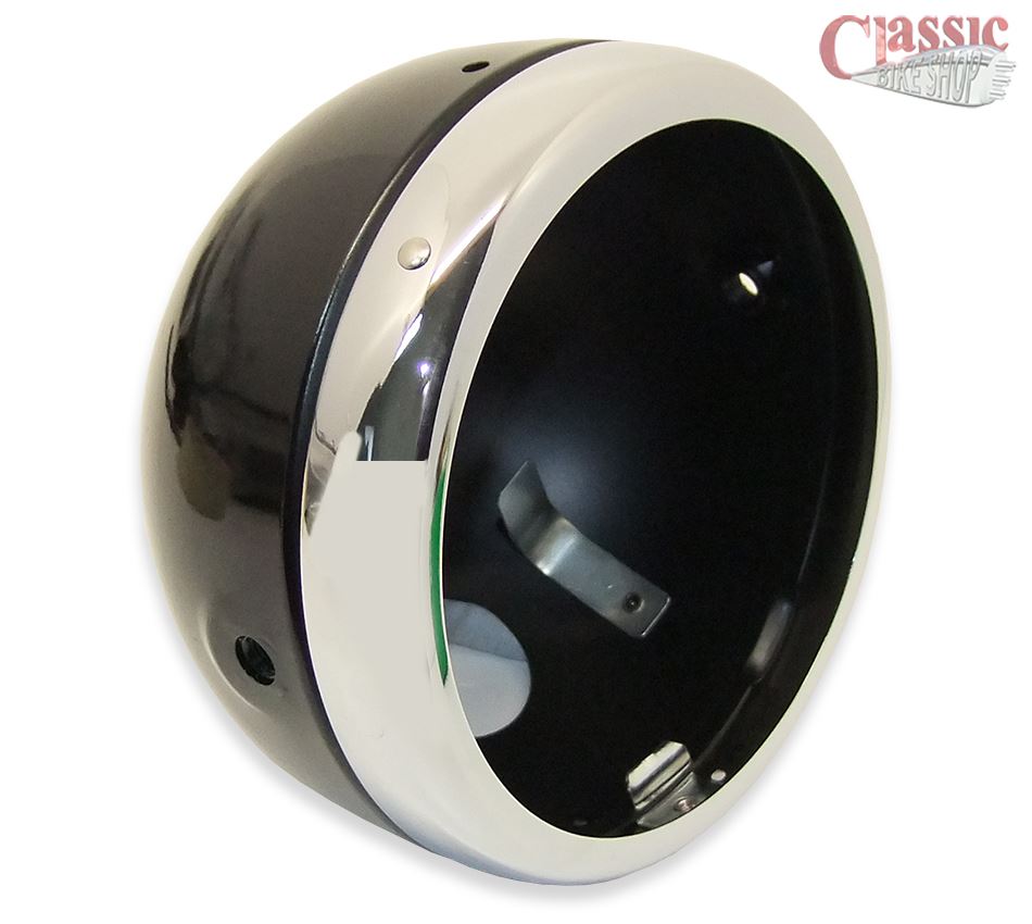 Lucas Black Headlight Shell /& Chrome Rim 5.3//4 Cafe Racer Style