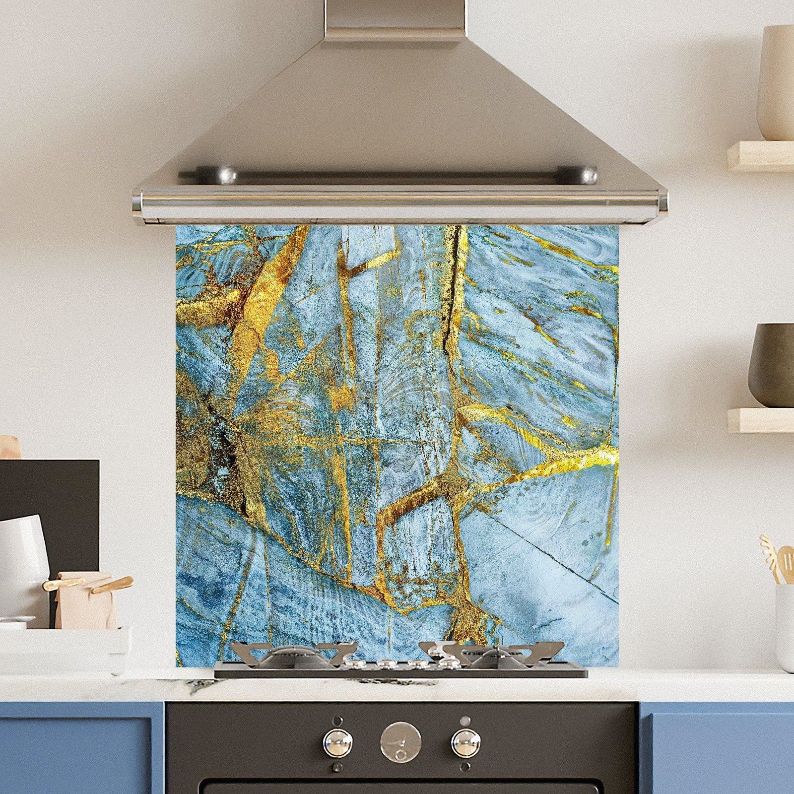 Premium Various Sizes  blue Gold Marble 6mm Glass Toughened Kitchen Splashback