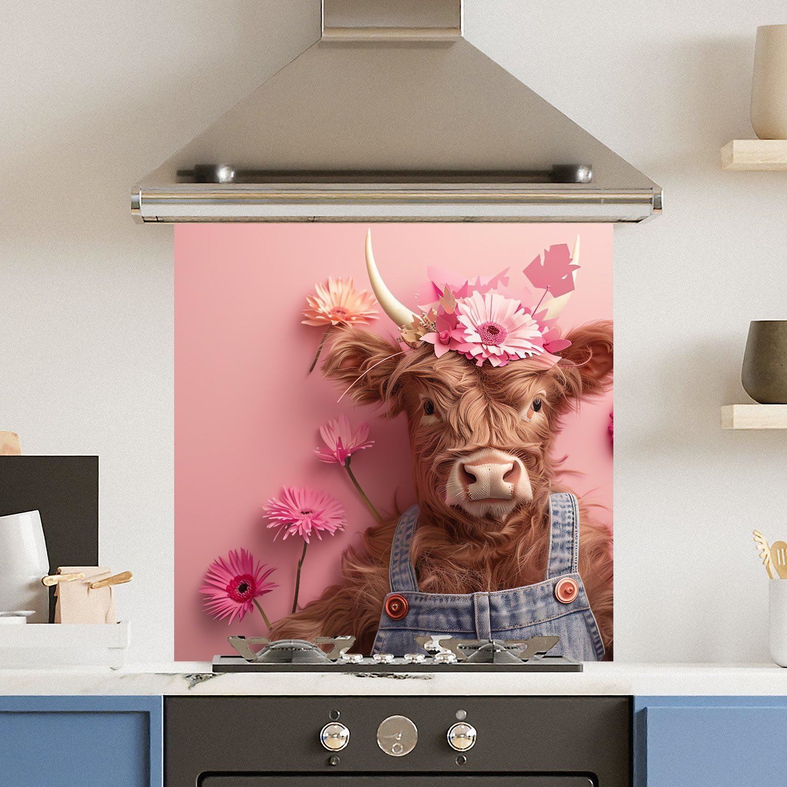 Premium Various Sizes Pink Floral Cow 6mm Glass Toughened Kitchen Splashback