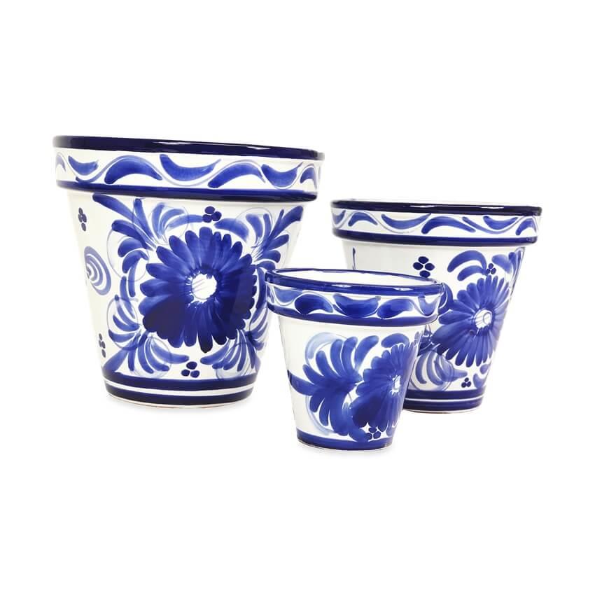 Blue Floral Classic Plant Pots Garden Set of 3 With or Without Drainage Plates - Picture 11 of 22