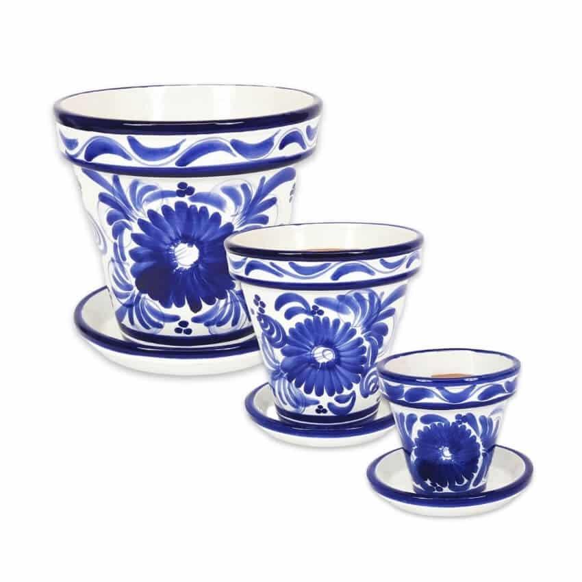 Blue Floral Classic Plant Pots Garden Set of 3 With or Without Drainage Plates - Picture 15 of 22