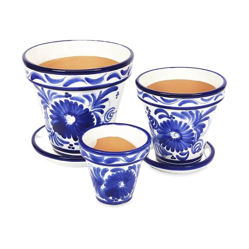 Blue Floral Classic Plant Pots Garden Set of 3 With or Without Drainage Plates - Picture 16 of 22