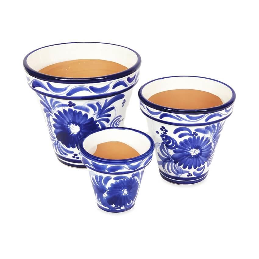 Blue Floral Classic Plant Pots Garden Set of 3 With or Without Drainage Plates - Picture 10 of 22