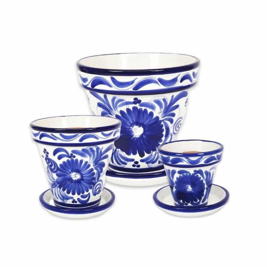 Blue Floral Classic Plant Pots Garden Set of 3 With or Without Drainage Plates - Picture 22 of 22