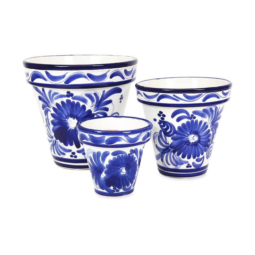 Blue Floral Classic Plant Pots Garden Set of 3 With or Without Drainage Plates - Picture 9 of 22