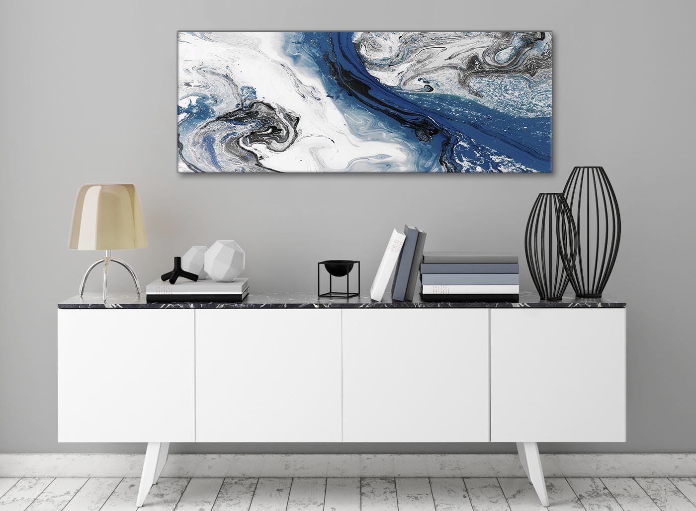 Navy Blue and Grey Swirl Living Room Canvas Wall Art Abstract Print