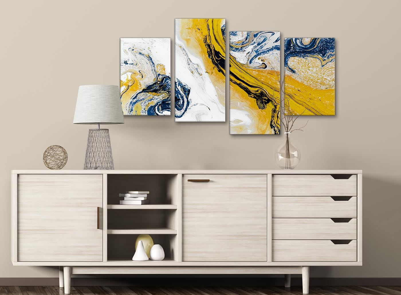 Mustard Yellow and Blue Swirl Living Room Canvas Pictures - Abstract Print - Picture 10 of 32