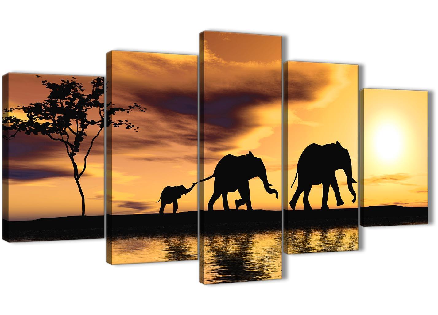 African Sunset Elephants Animal Canvas Wall Art in Mustard Yellow - Picture 12 of 20