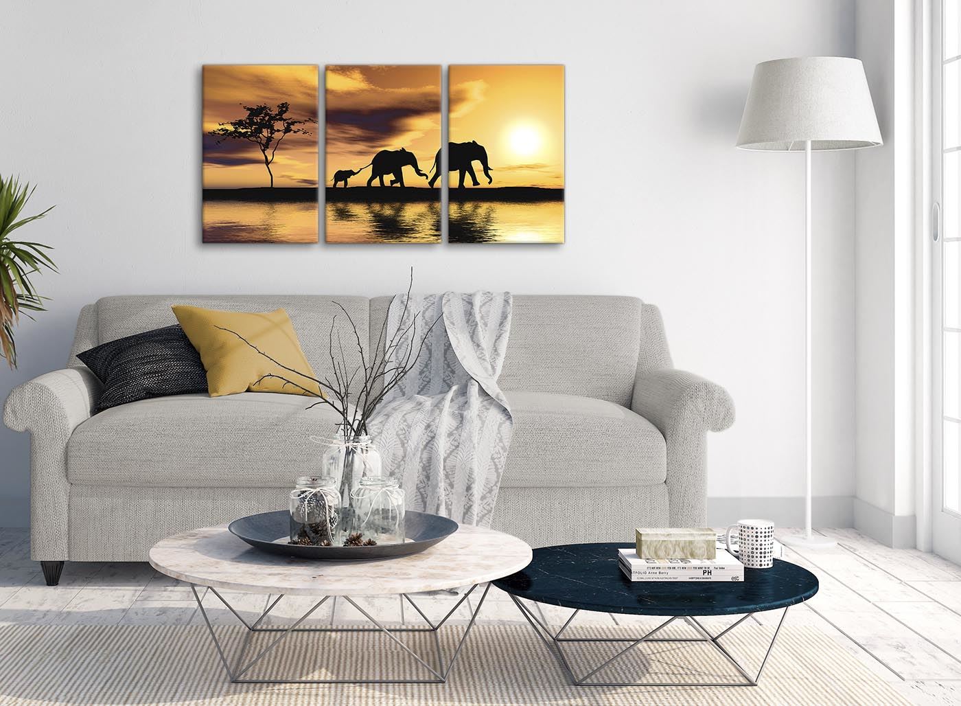 African Sunset Elephants Animal Canvas Wall Art in Mustard Yellow - Picture 3 of 20