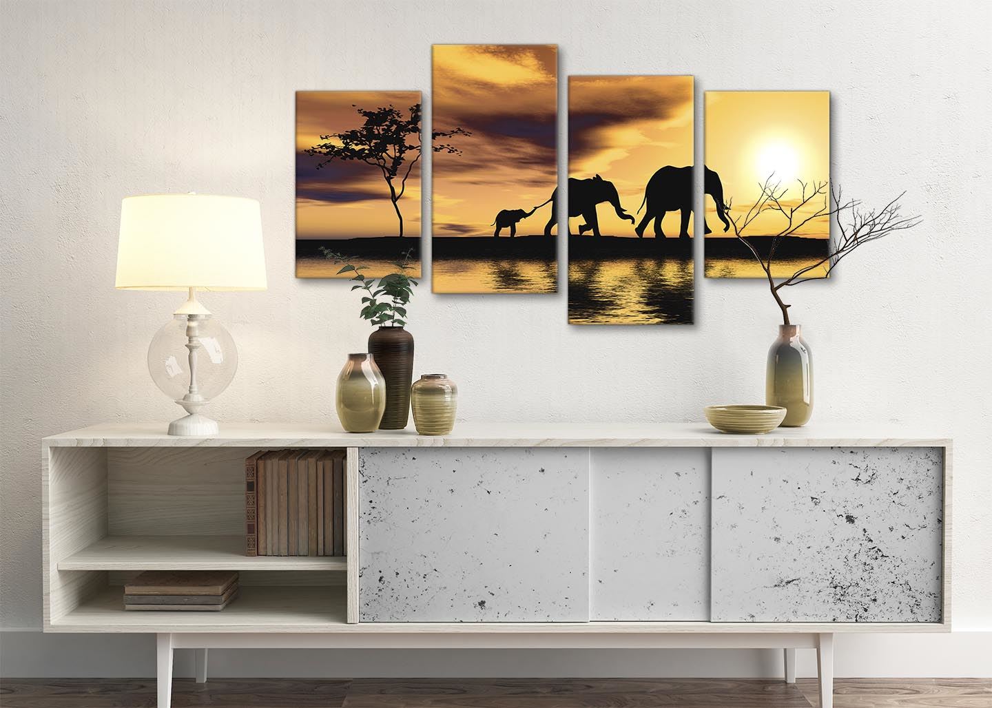 African Sunset Elephants Animal Canvas Wall Art in Mustard Yellow - Picture 10 of 20