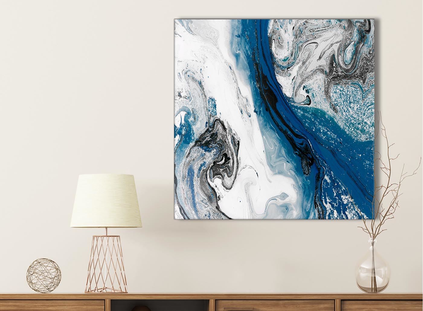 Navy Blue and Grey Swirl Living Room Canvas Wall Art Abstract Print