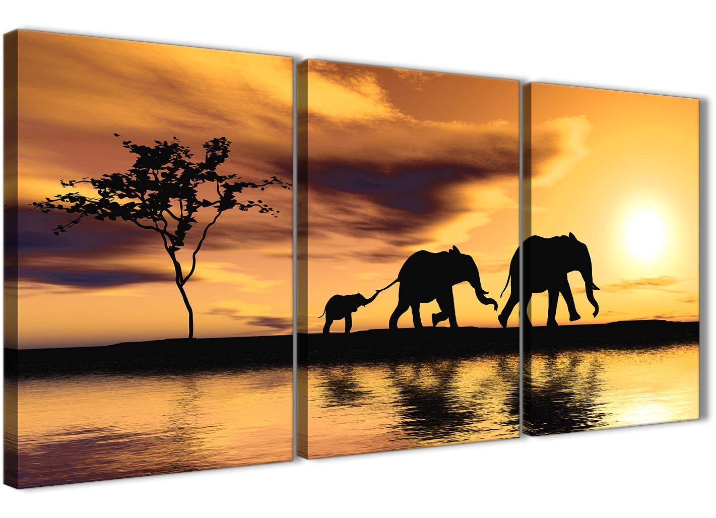 African Sunset Elephants Animal Canvas Wall Art in Mustard Yellow - Picture 2 of 20
