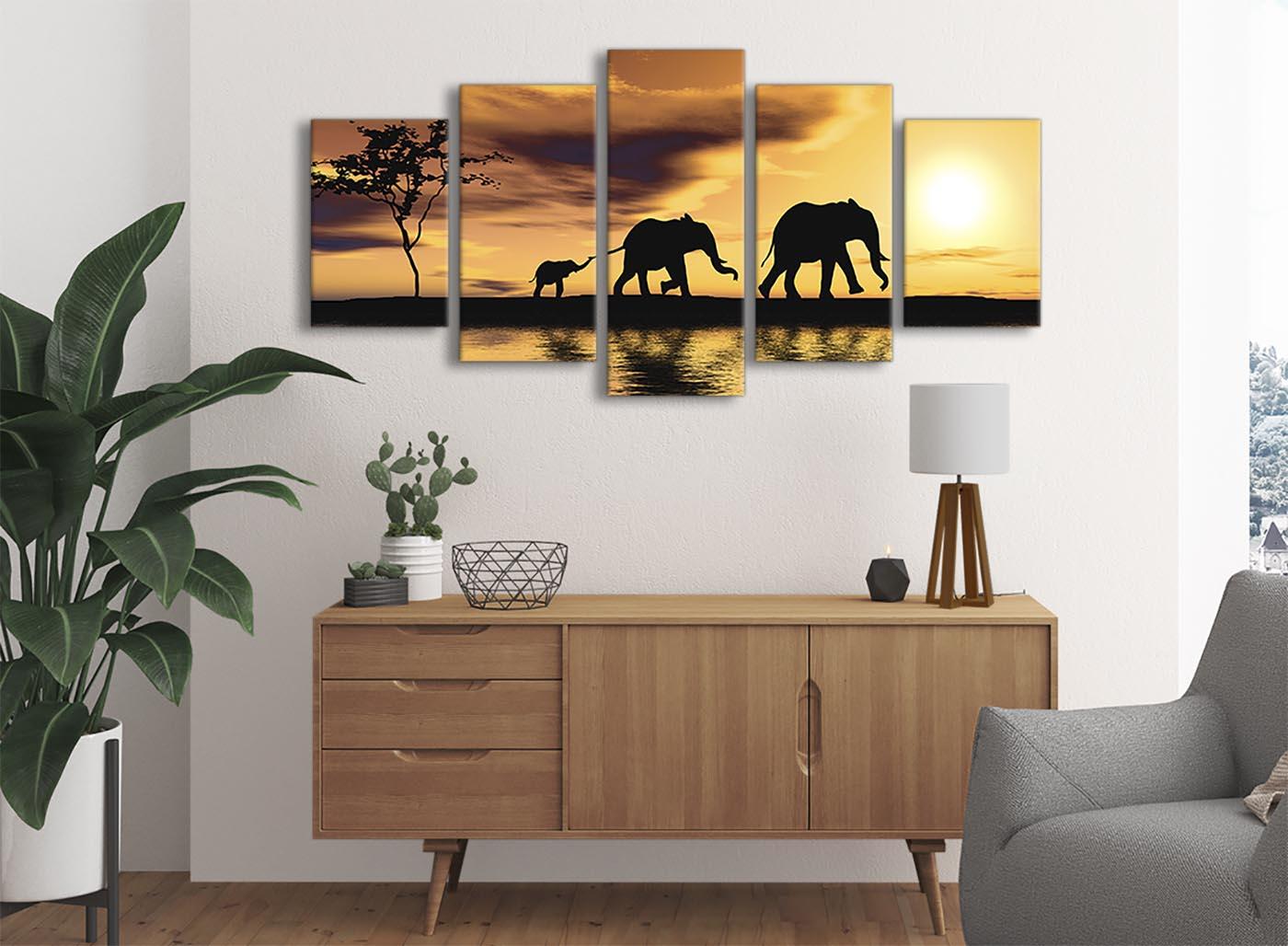 African Sunset Elephants Animal Canvas Wall Art in Mustard Yellow - Picture 15 of 20