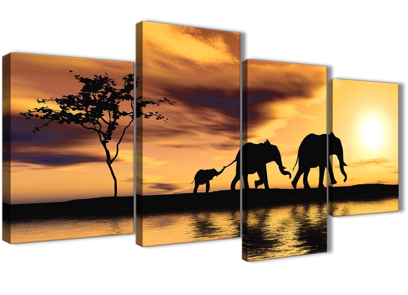 African Sunset Elephants Animal Canvas Wall Art in Mustard Yellow - Picture 7 of 20