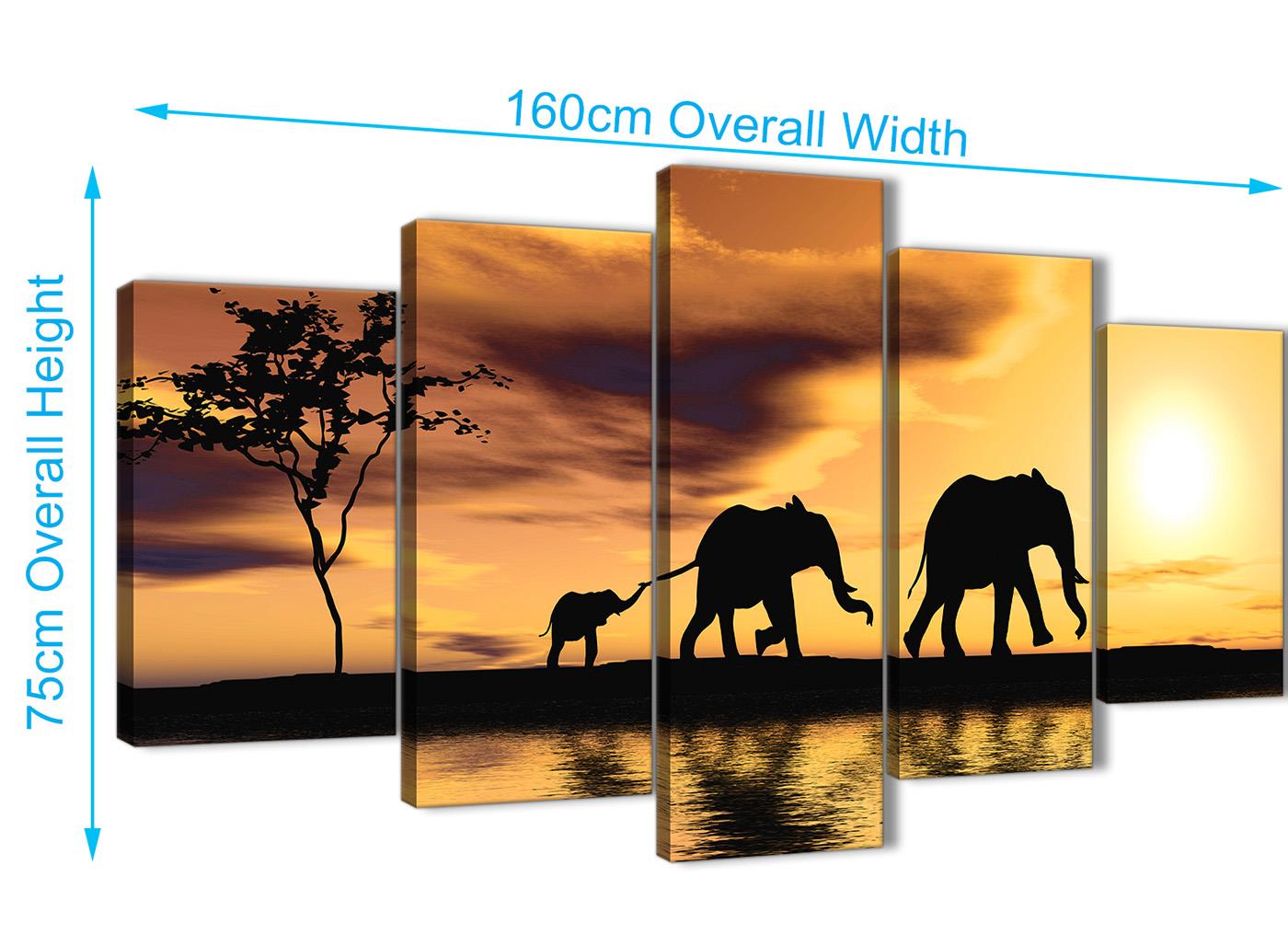 African Sunset Elephants Animal Canvas Wall Art in Mustard Yellow - Picture 14 of 20