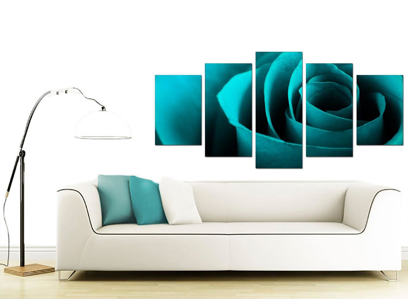 Set of 5 Teal Blue Floral Canvas Wall Art Pictures Bedroom Prints 5109