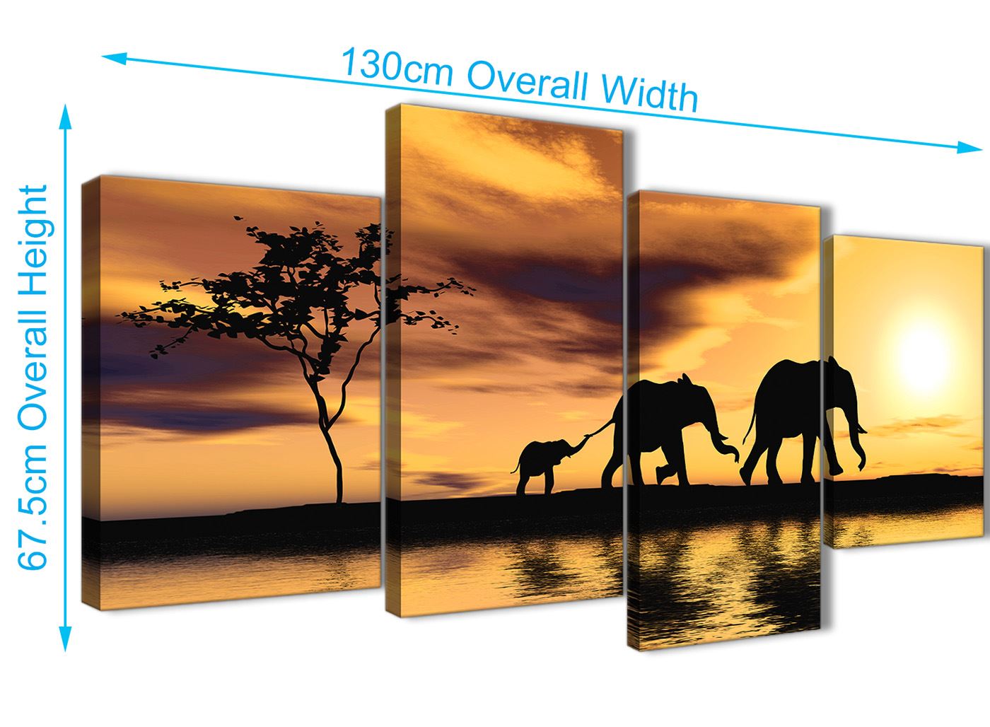 African Sunset Elephants Animal Canvas Wall Art in Mustard Yellow - Picture 9 of 20