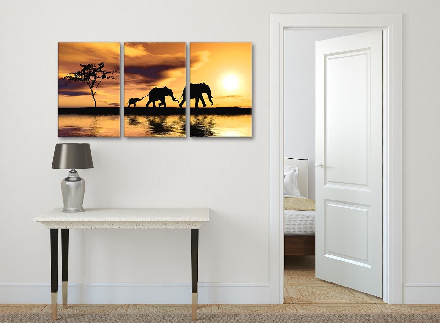 African Sunset Elephants Animal Canvas Wall Art in Mustard Yellow - Picture 5 of 20