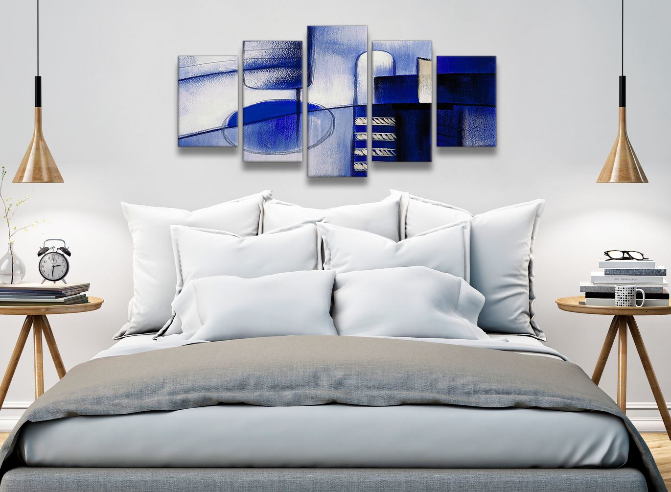 5 Panel Indigo Blue White Painting Abstract Office Canvas Decor 5404-160cm