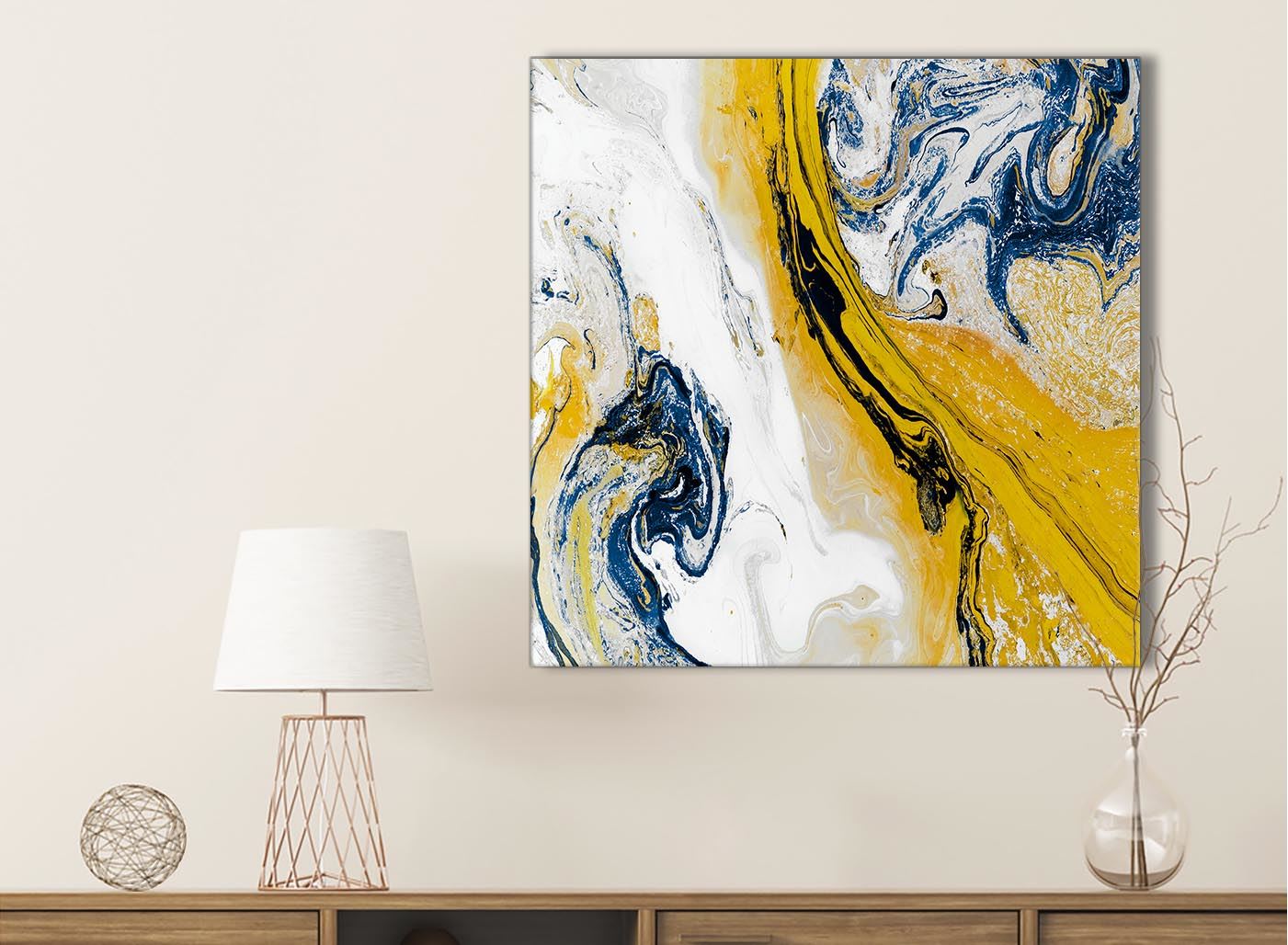 Mustard Yellow and Blue Swirl Living Room Canvas Pictures - Abstract Print - Picture 32 of 32