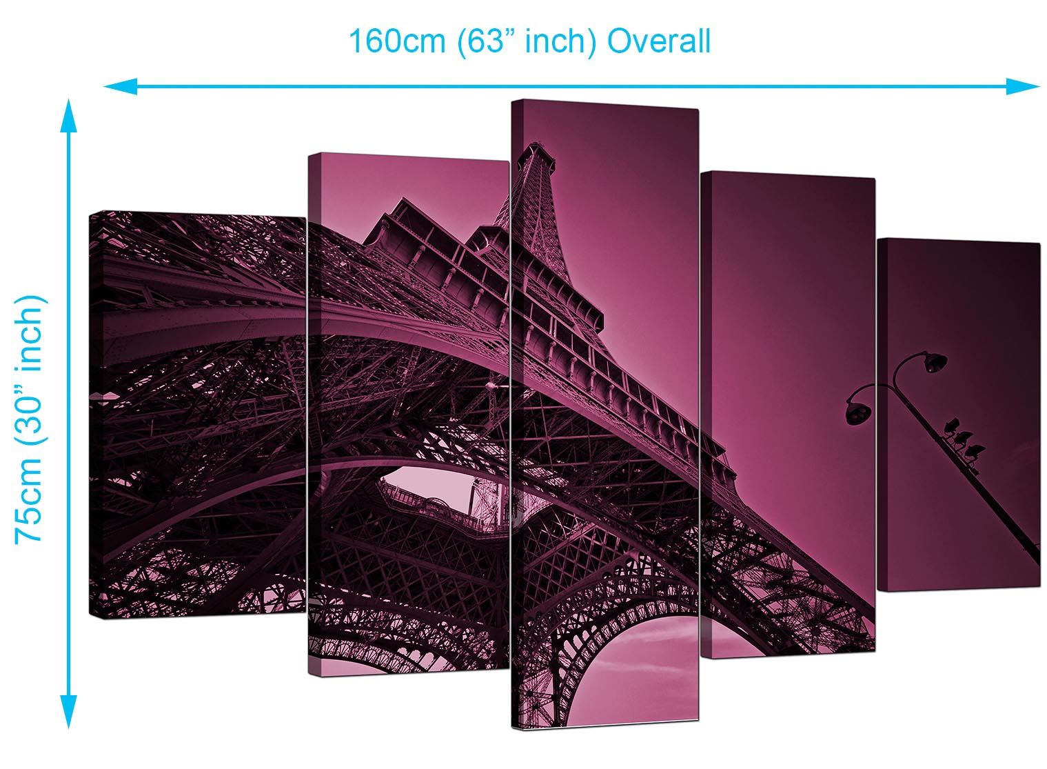 Set of 5 Plum Purple Wall Art Canvas Pictures Paris France Prints 5015
