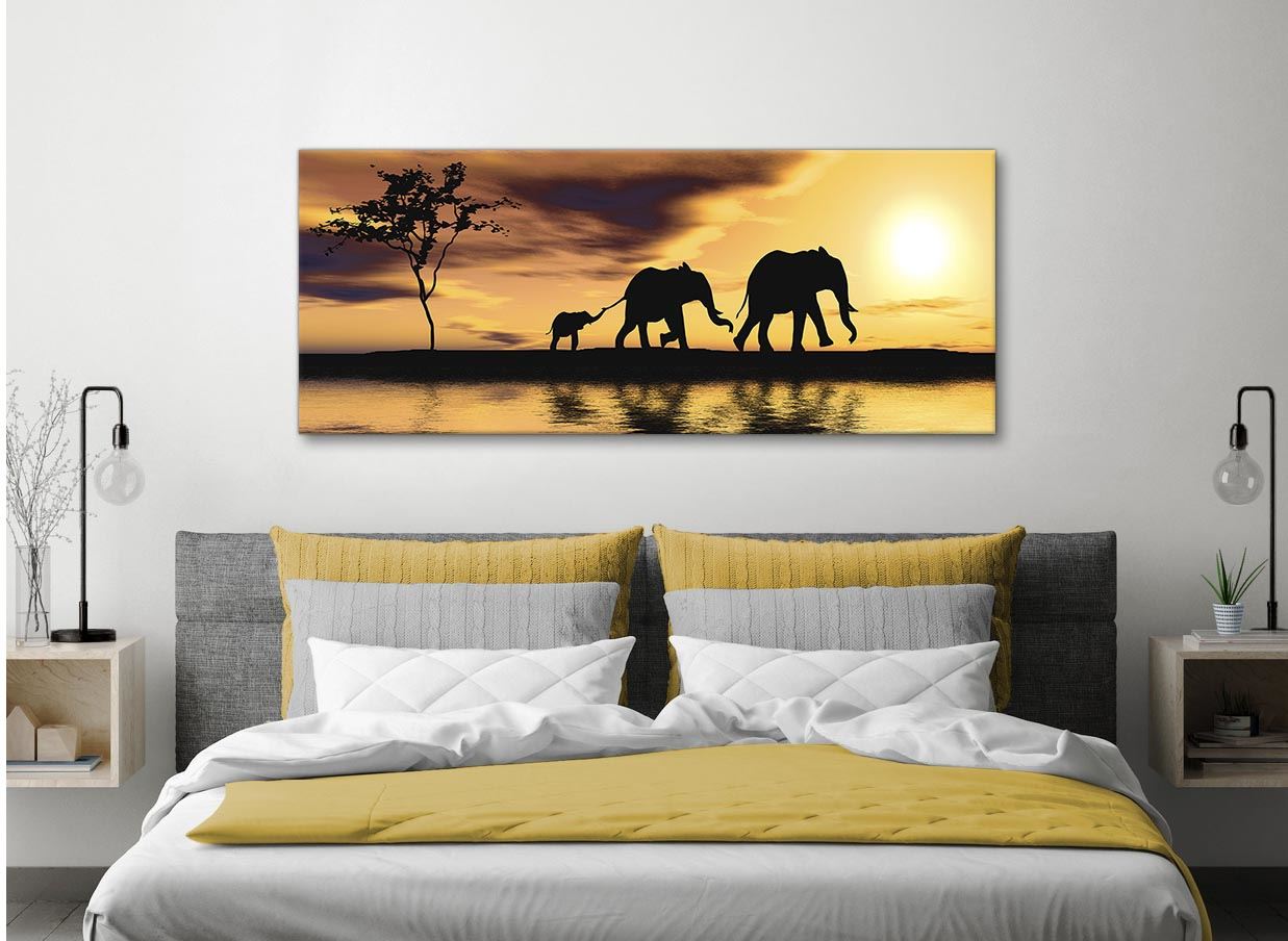 African Sunset Elephants Animal Canvas Wall Art in Mustard Yellow - Picture 20 of 20