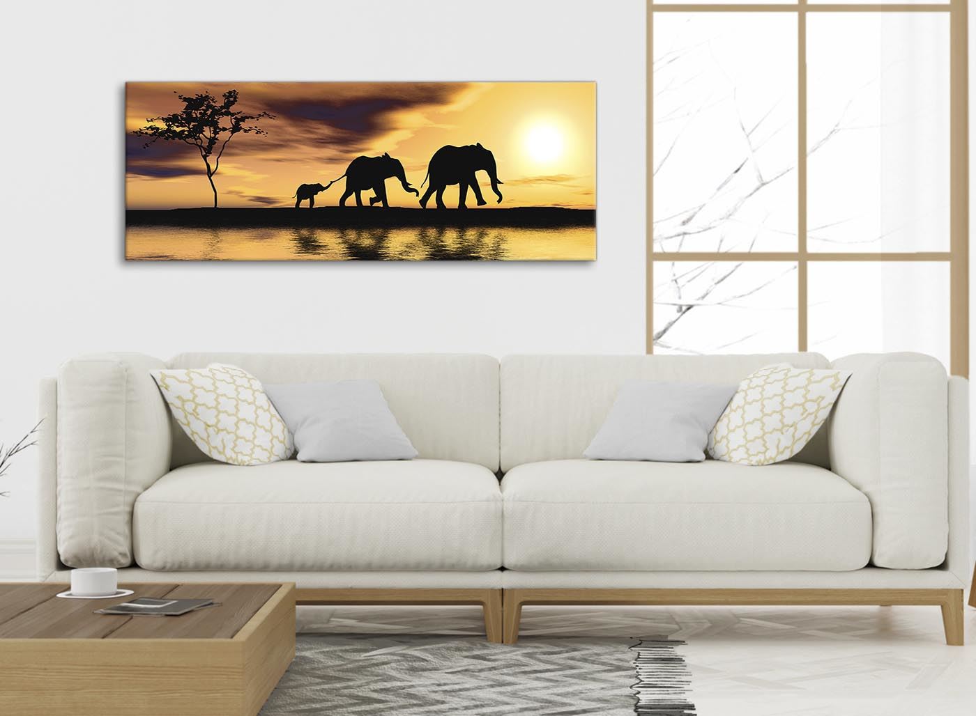 African Sunset Elephants Animal Canvas Wall Art in Mustard Yellow - Picture 18 of 20