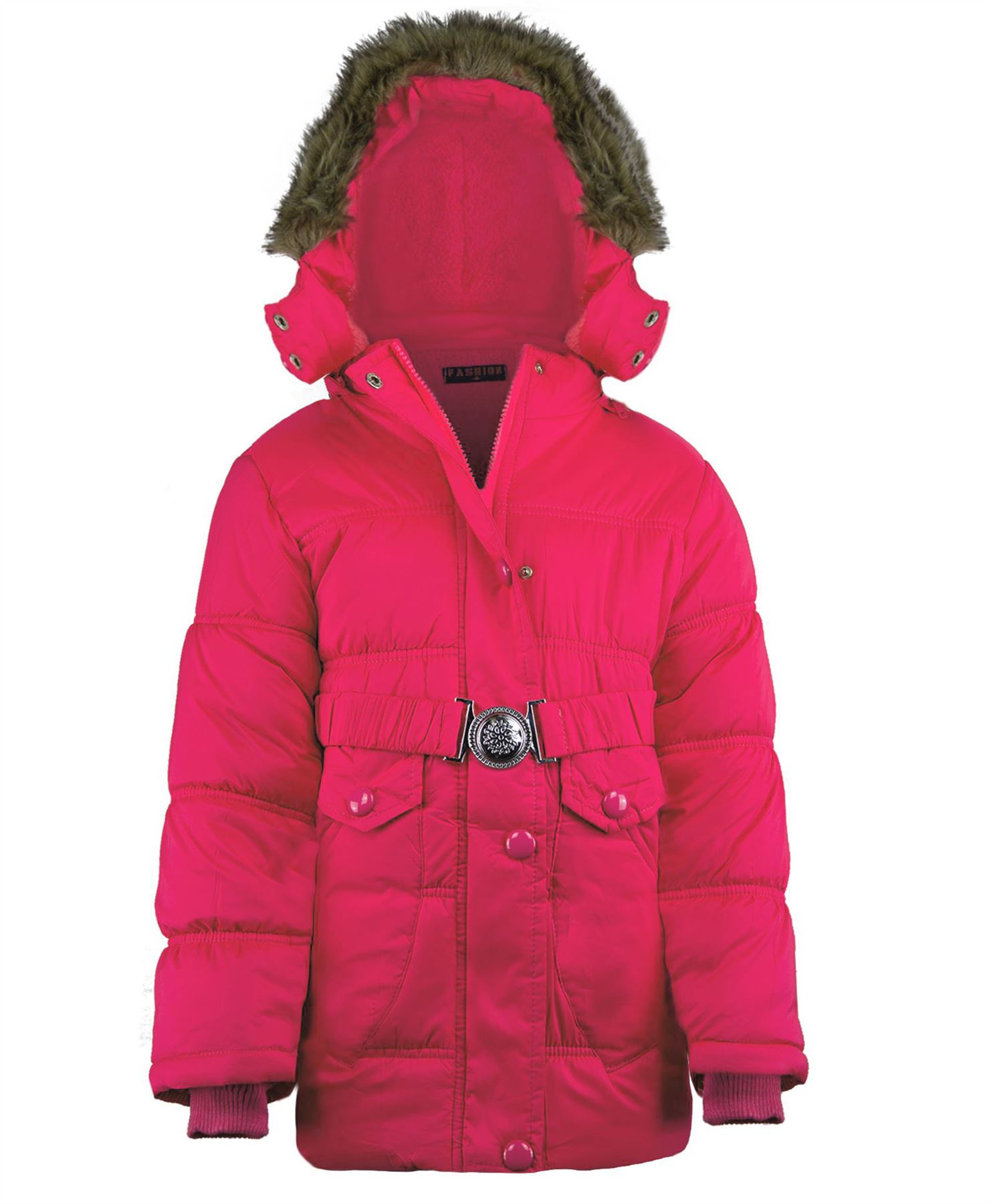 Girls Winter Jacket Padded Belted Fleece Lining Detach Hood Quilted 3