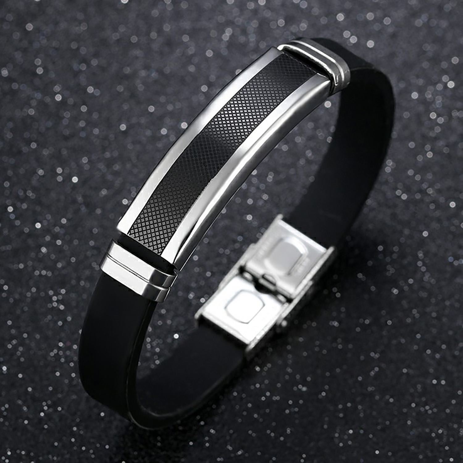 Men’s Lock Clasp Bracelet Silicon Cable Stainless Steel Wristband
