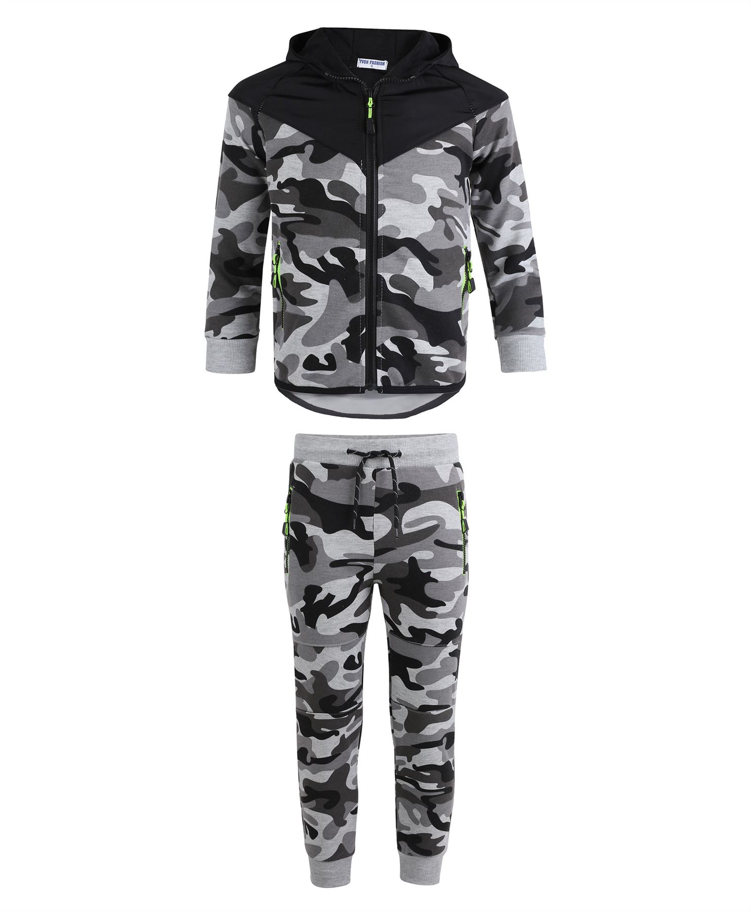 Kids Quilted 2Piece Set Camo Tracksuit Army Military Neon Details Suit 3-16Years | eBay