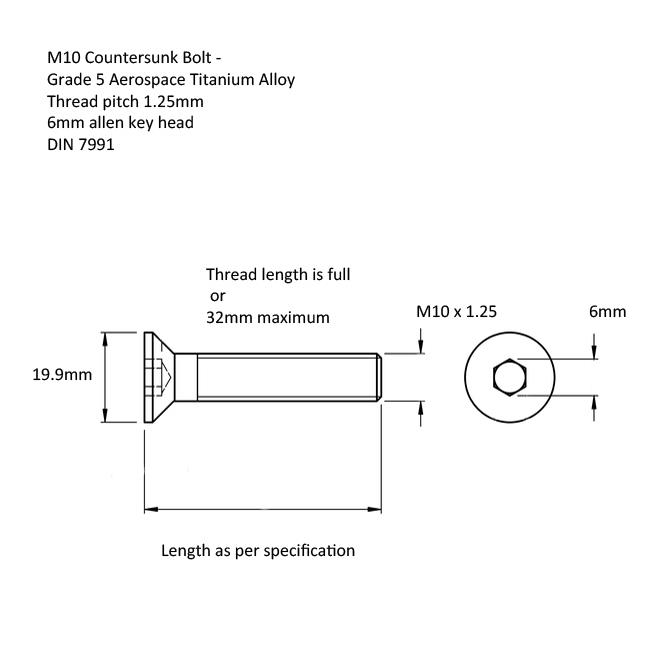 M10 Titanium Countersunk Bolt 20 25 30 35 40 45 50 55 x 1.25 Screw Ti DIN 7991 - Picture 8 of 18