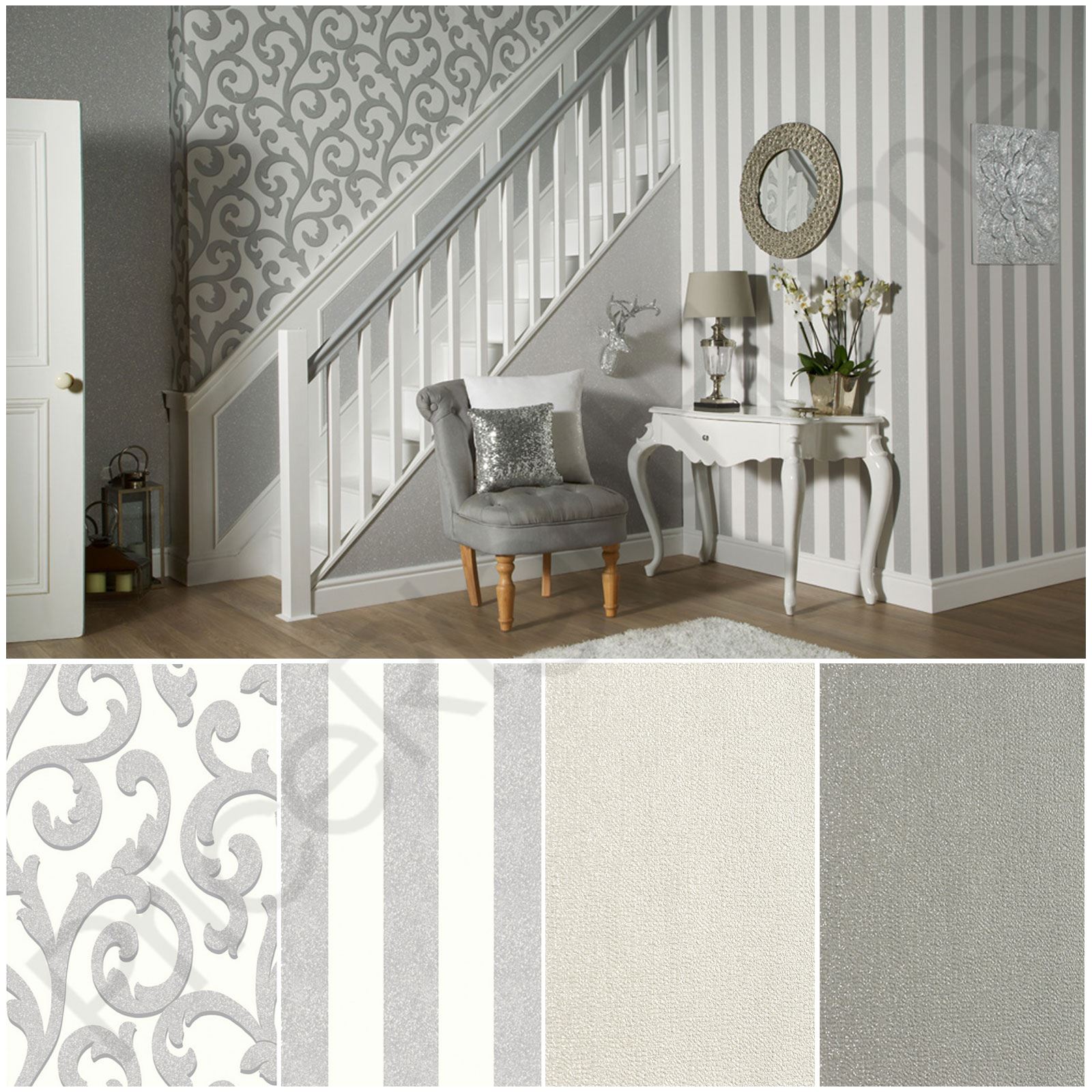 ARTHOUSE GLITTERATI CHEVRON /& PLAIN GLITTER WALLPAPER PLATINUM SILVER WHITE