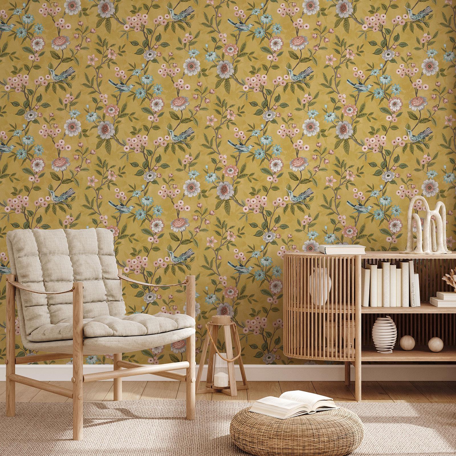 Eleanor Floral Chinoiserie Wallpaper Flowers Birds Fine Decor - Choose Colour - Picture 6 of 13