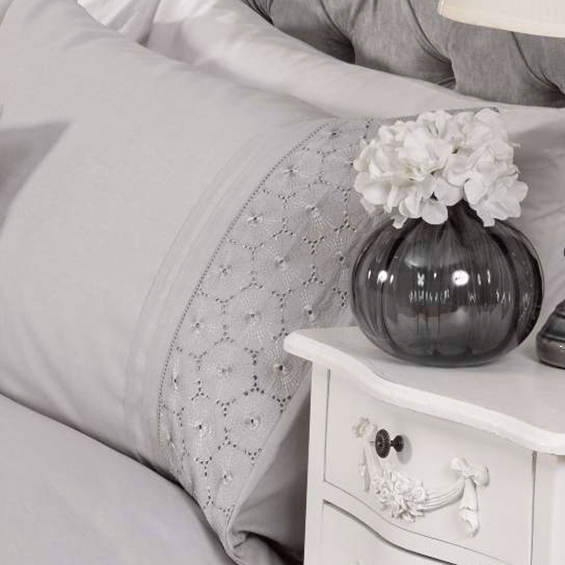 GREY EVERDEAN FLORAL KING SIZE DUVET COVER SET EMBROIDERED