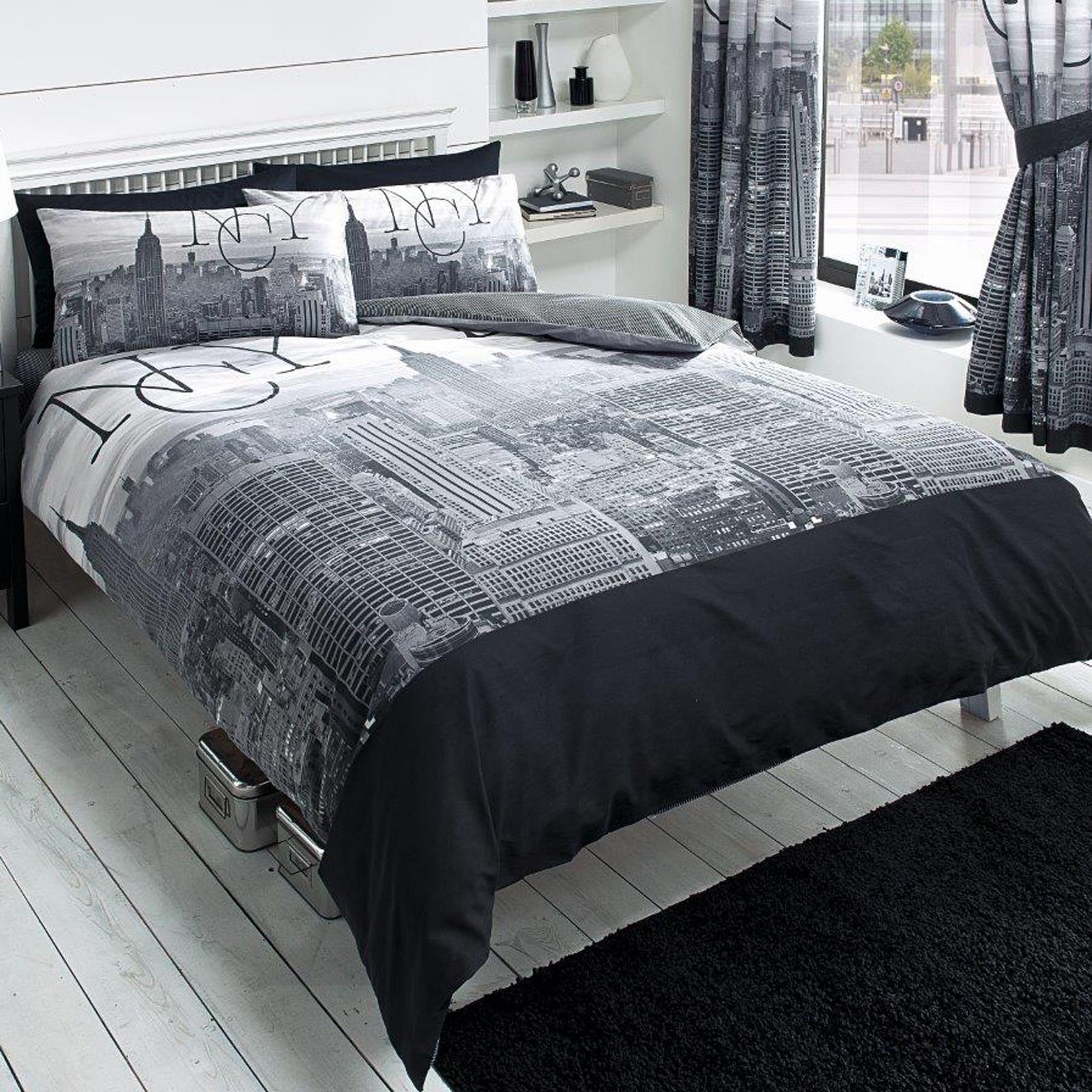 Negro//Gris Funda Edredón Reversible Funda De Almohada Juego De Cama Individual Doble King Size