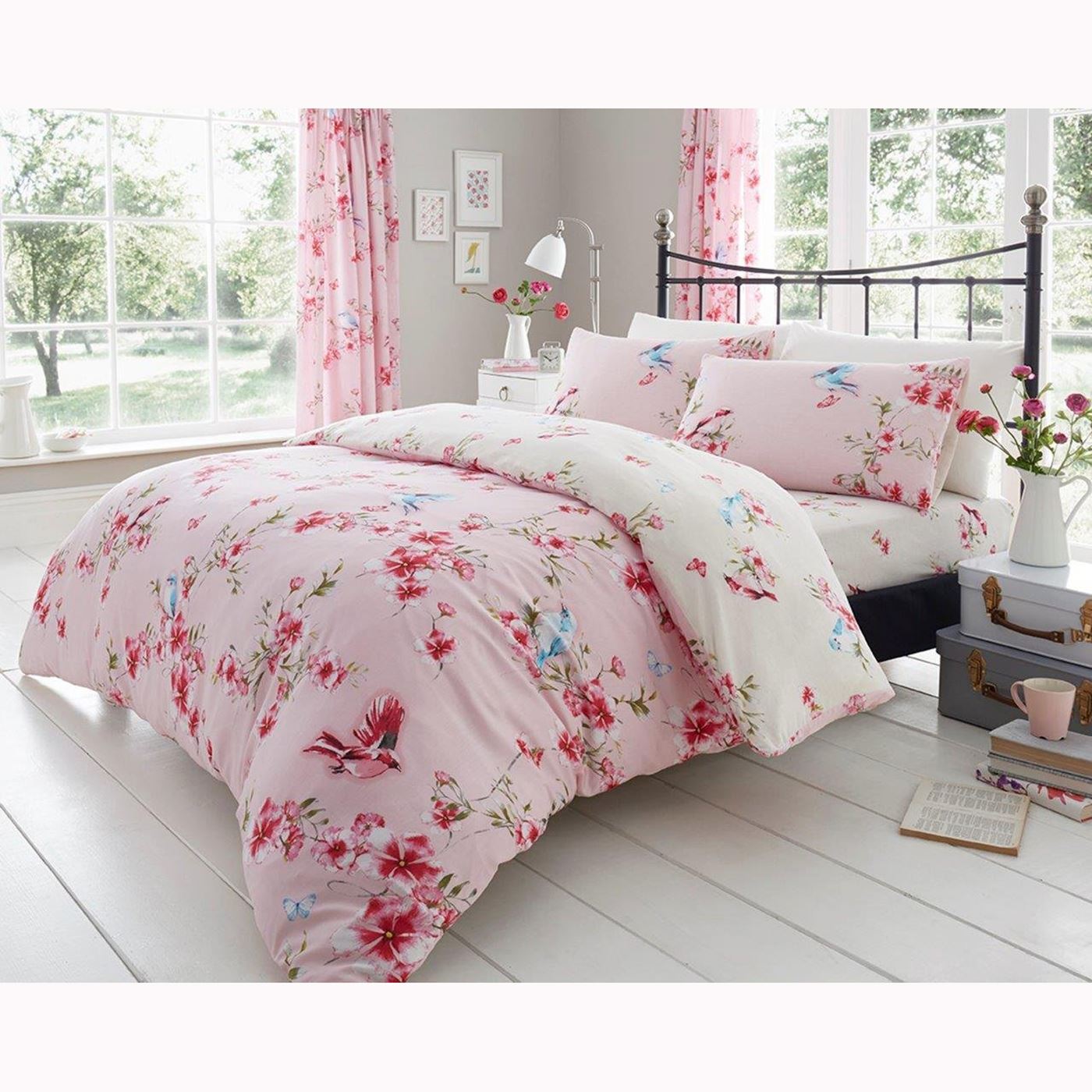 2 in 1 Design Birdie Blüten Einzelbettbezug Set Vögel Blumen Bettwäsche Blau