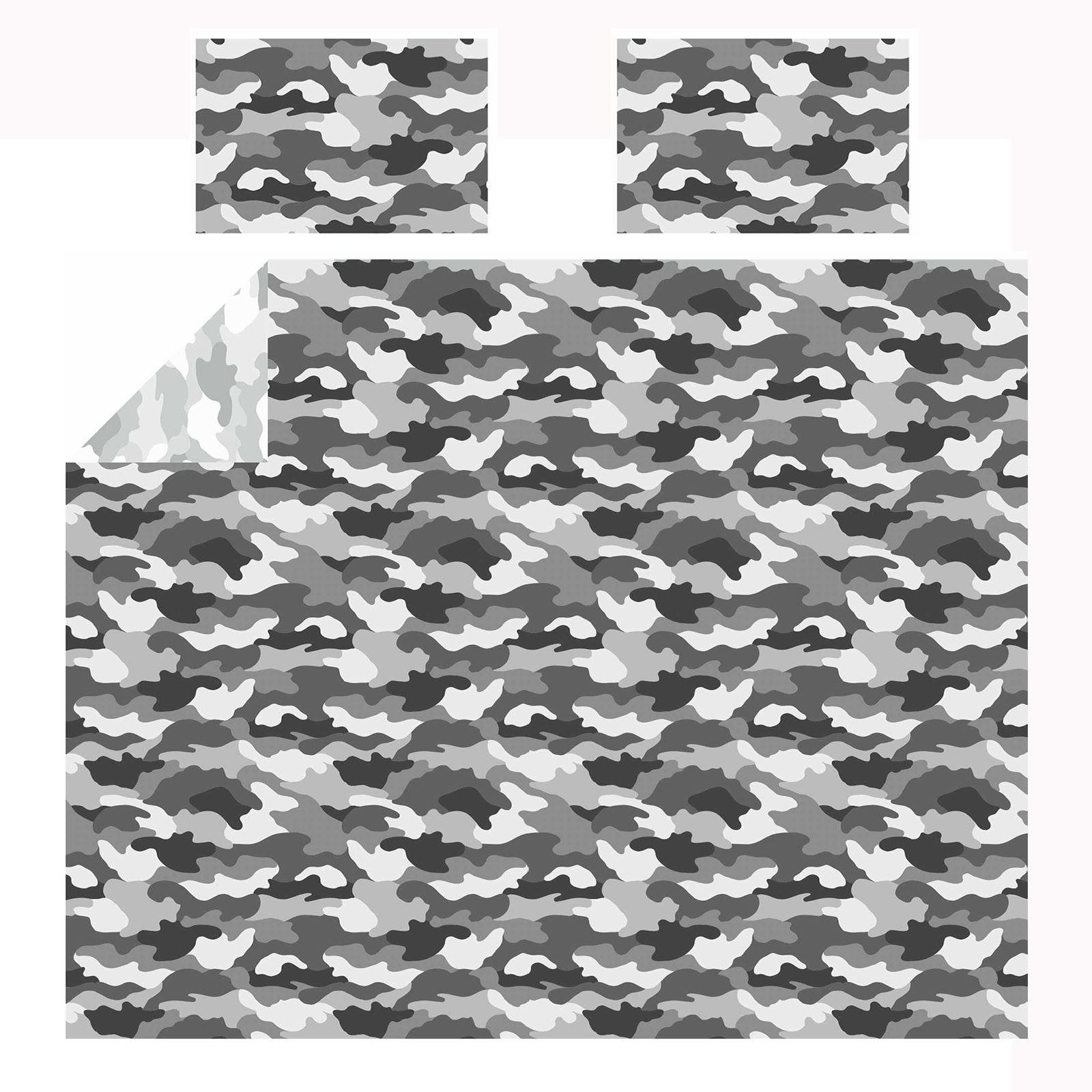ARMY CAMOUFLAGE GREY DOUBLE DUVET COVER SET + FITTED SHEET + 4