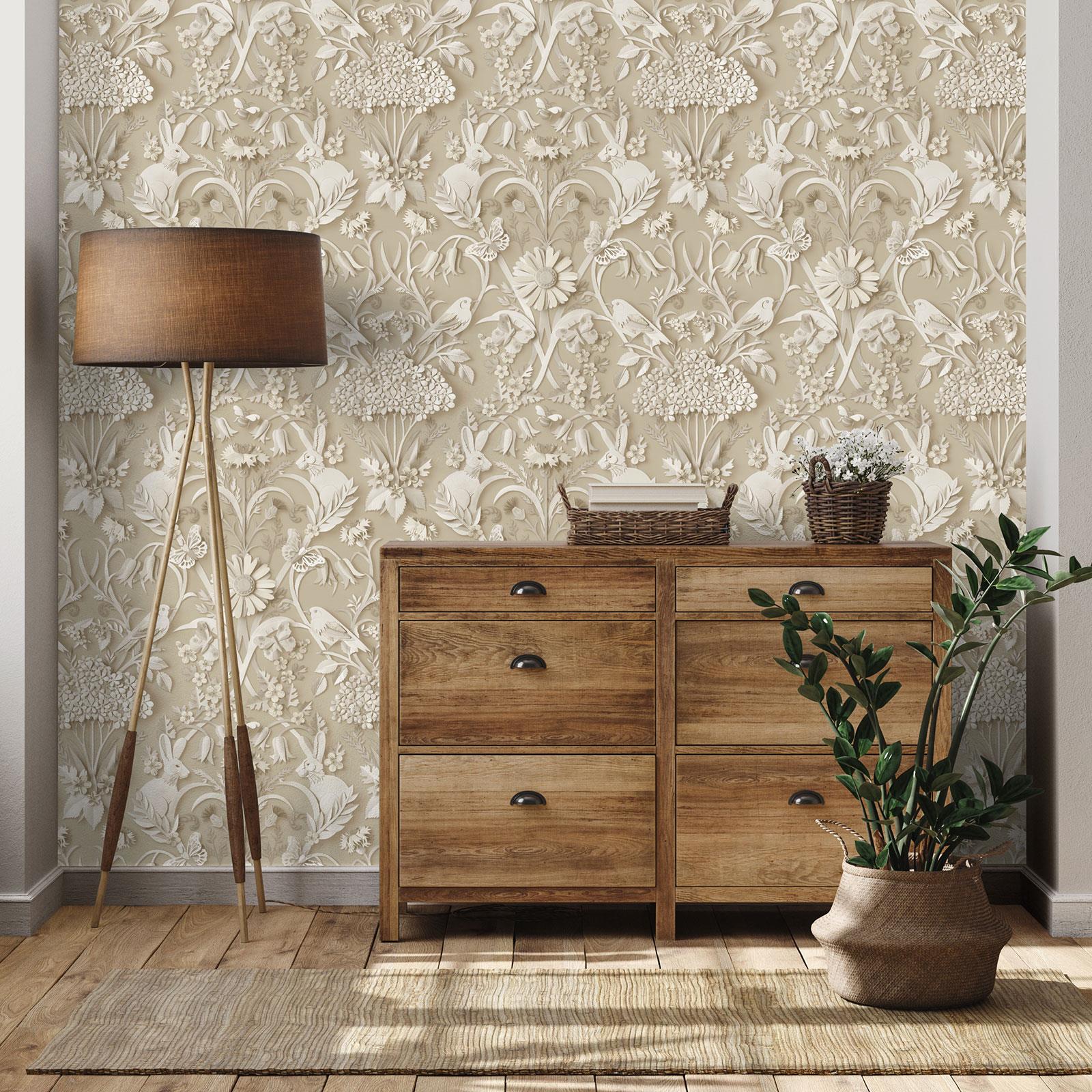 Fine Decor Dimensions Woodland Animals Flowers Wallpaper 3D Effect Damask Colors - Picture 16 of 43