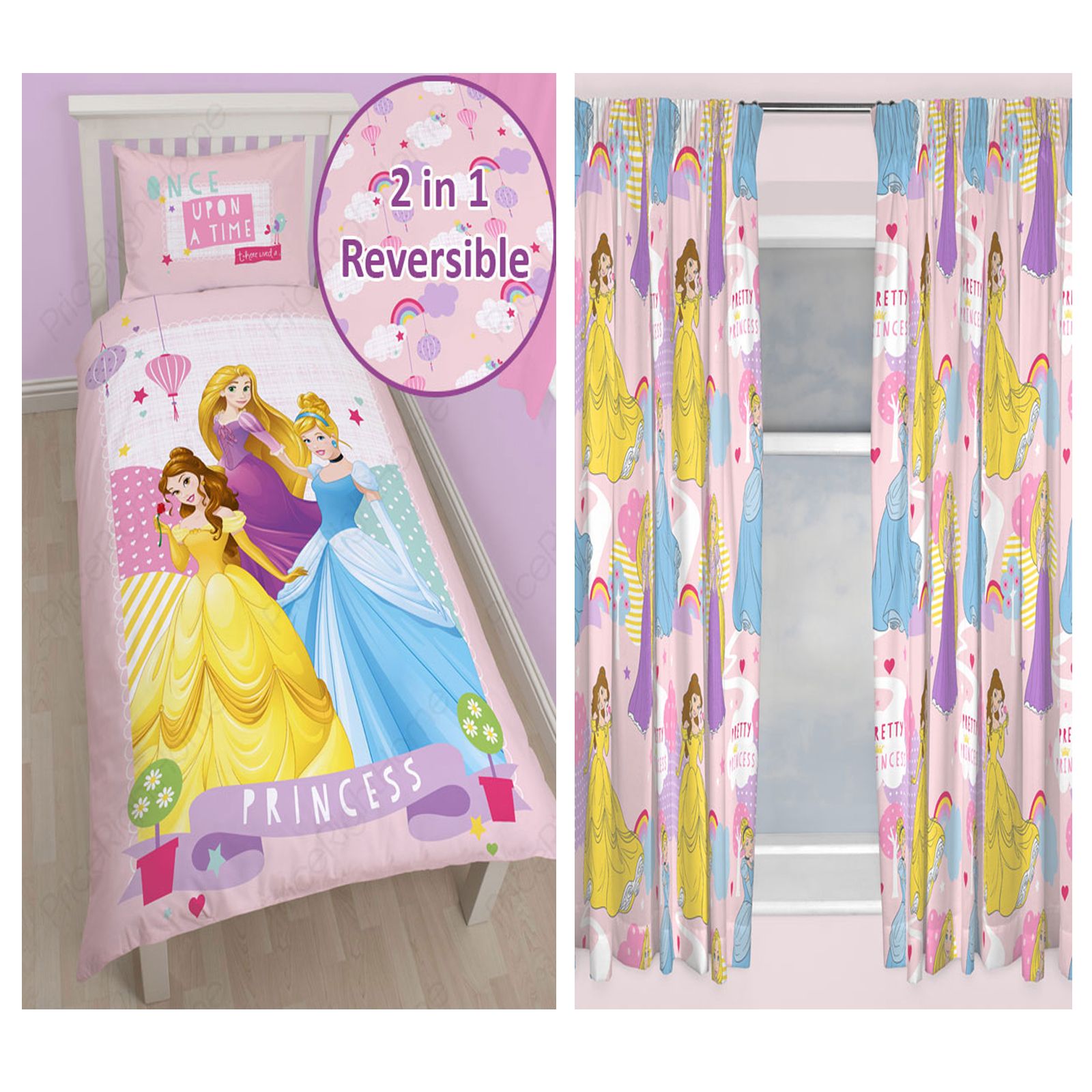DISNEY PRINCESS BEDROOM RANGE SINGLE DUVET COVER SET & CURTAINS