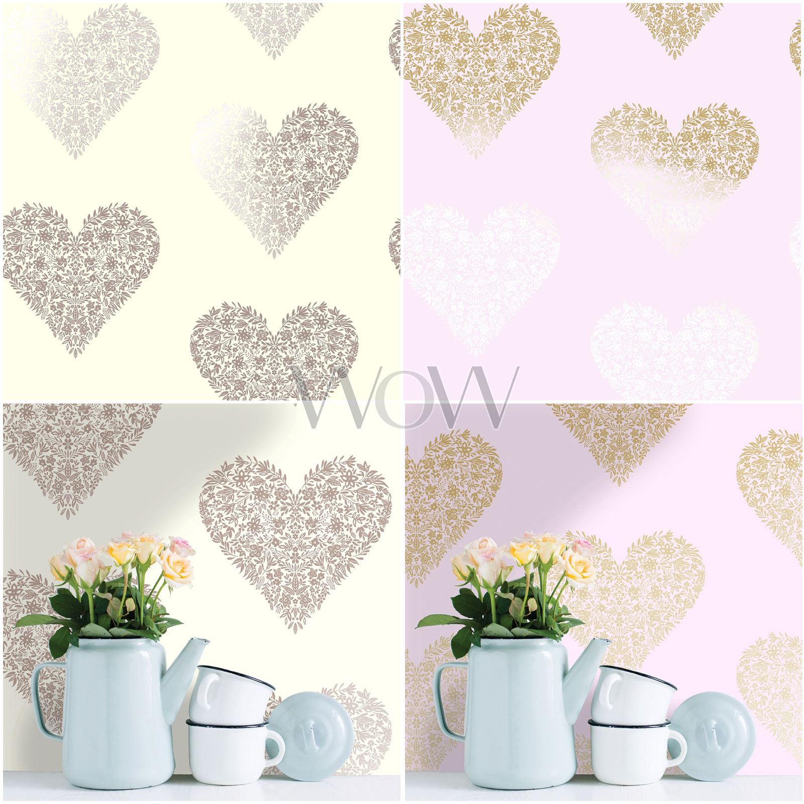 PINK HOLDEN FLORAL HEART WALLPAPER METALLIC ROSE GOLD CREAM GOLD