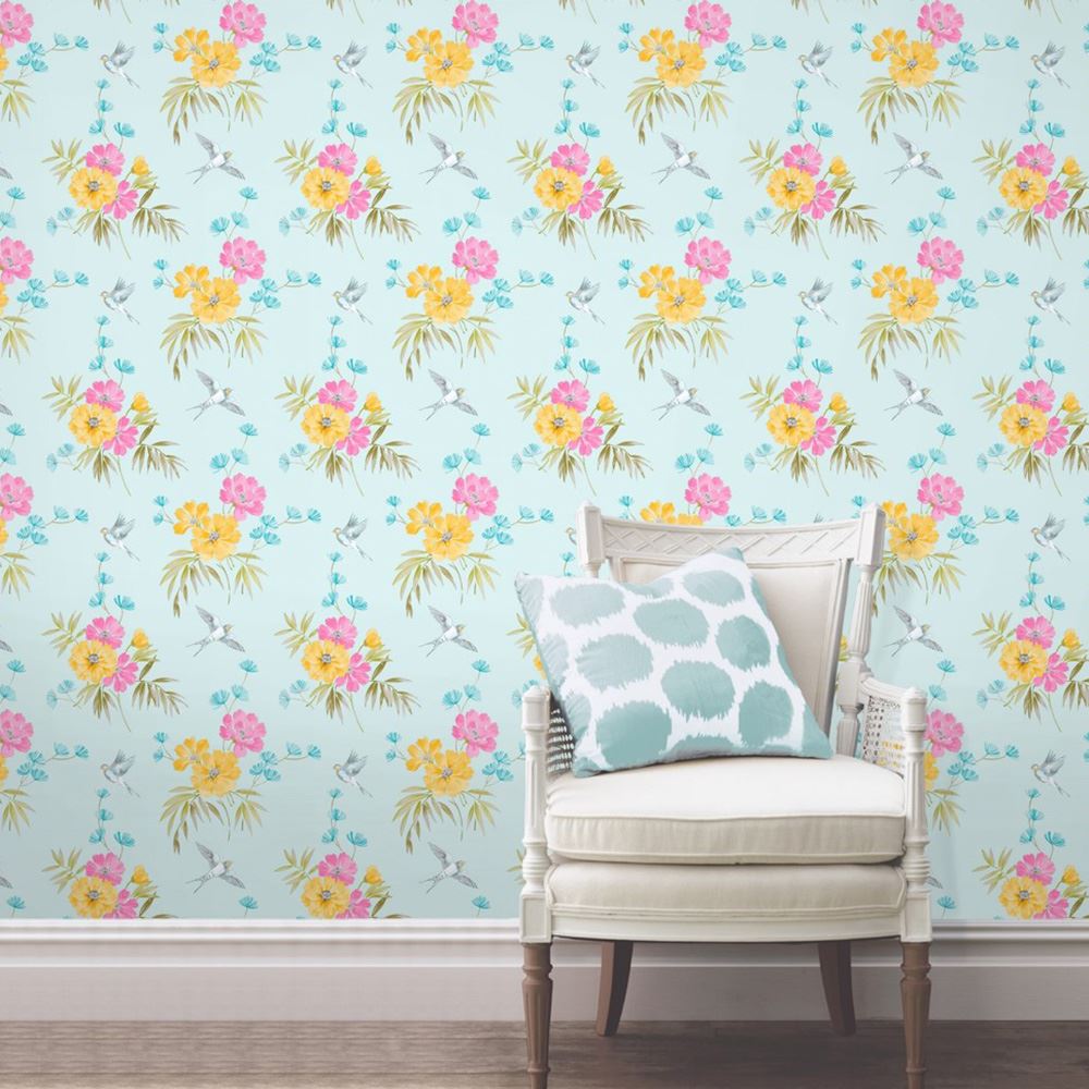 FINE DECOR DUCK EGG WALLPAPER BLUE FLORAL STRIPE DAMASK BIRDS eBay