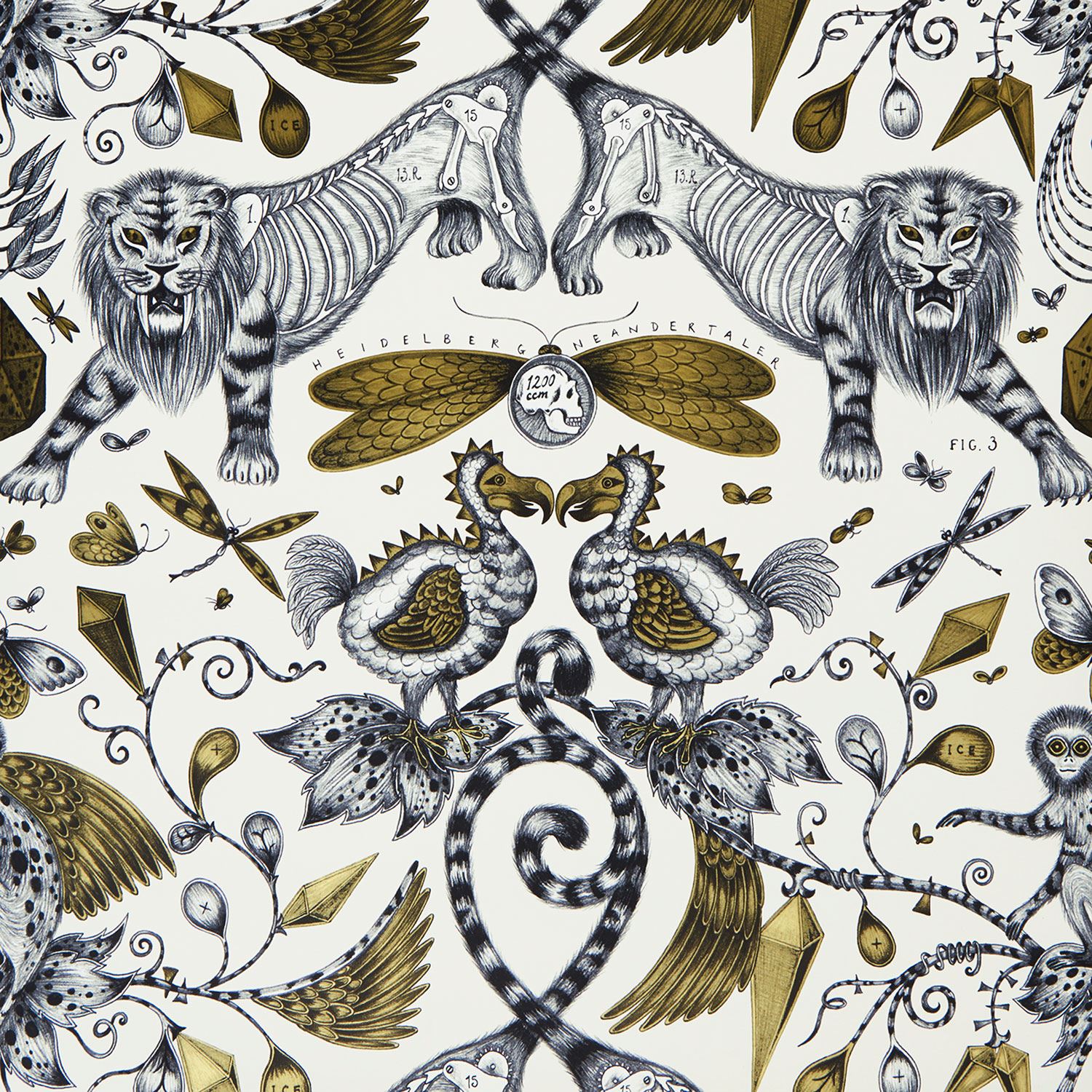 EXOTIC ANIMALIA EXTINCT WALLPAPER EMMA J SHIPLEY W0100/02 GREY / GOLD