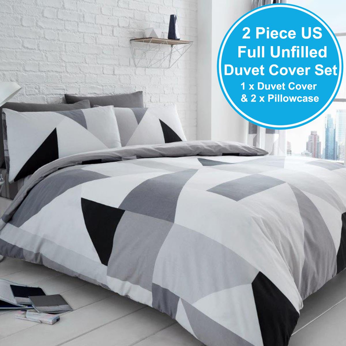 SYDNEY GEOMETRIC DOUBLE DUVET COVER SET BEDDING BLACK WHITE GREY