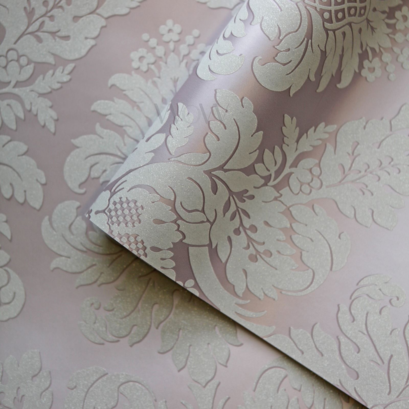 Pear Tree Feature Wallpaper Damask Metallic Glitter Grey Rose Gold Royal Blue
