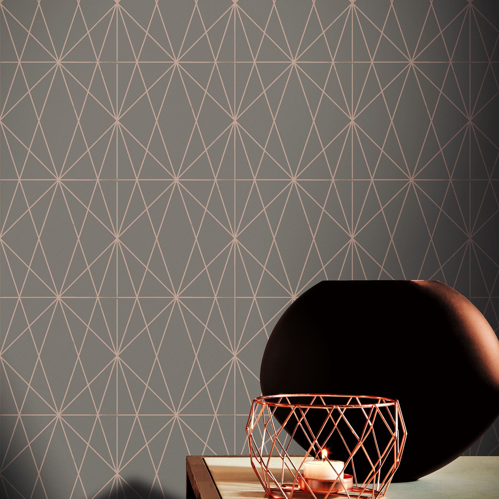 ARTHOUSE WEB GEO GREY / COPPER WALLPAPER 901702 METALLIC HIGHLIGHTS