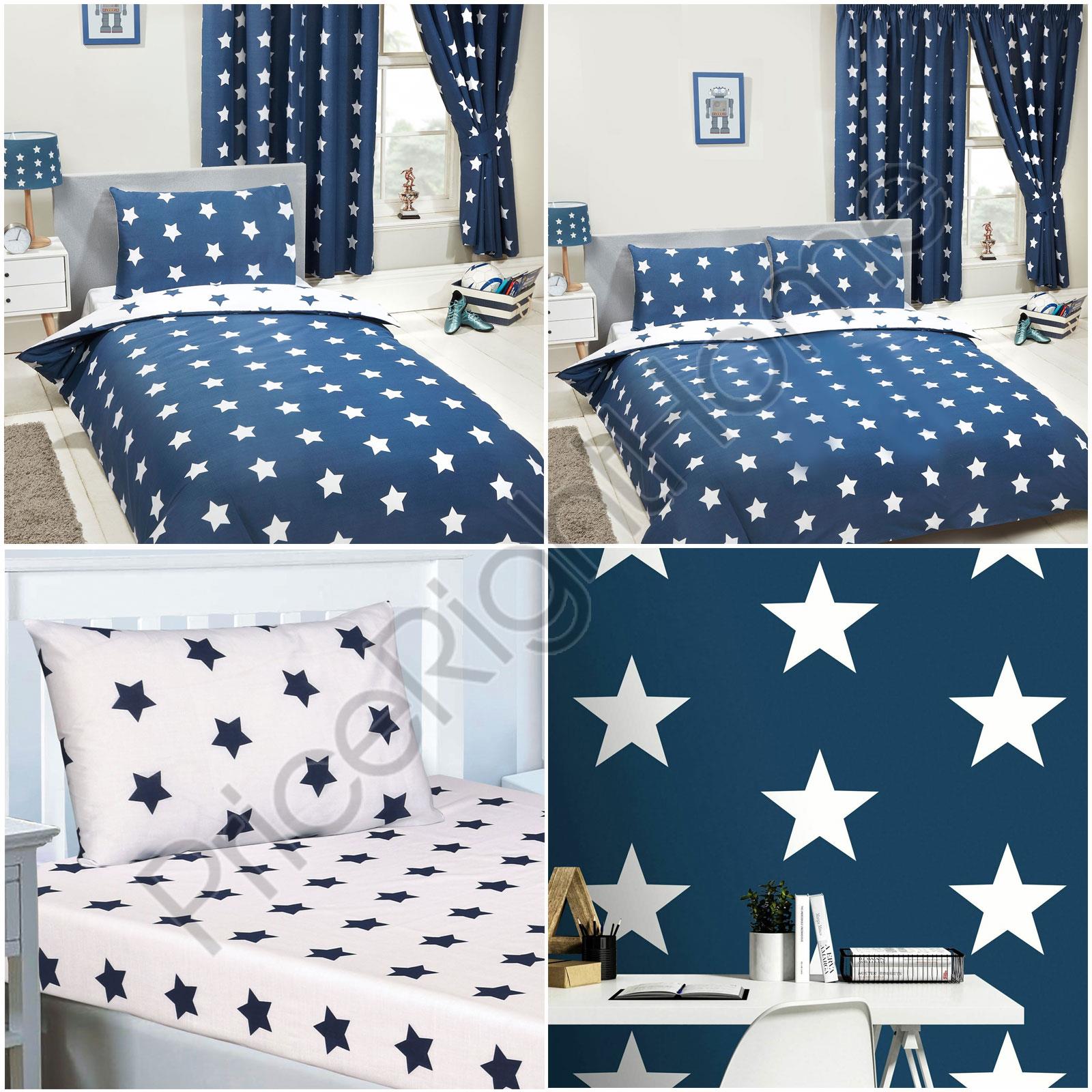 Navy Blue White Stars Curtains Duvet Cover Fitted Sheet