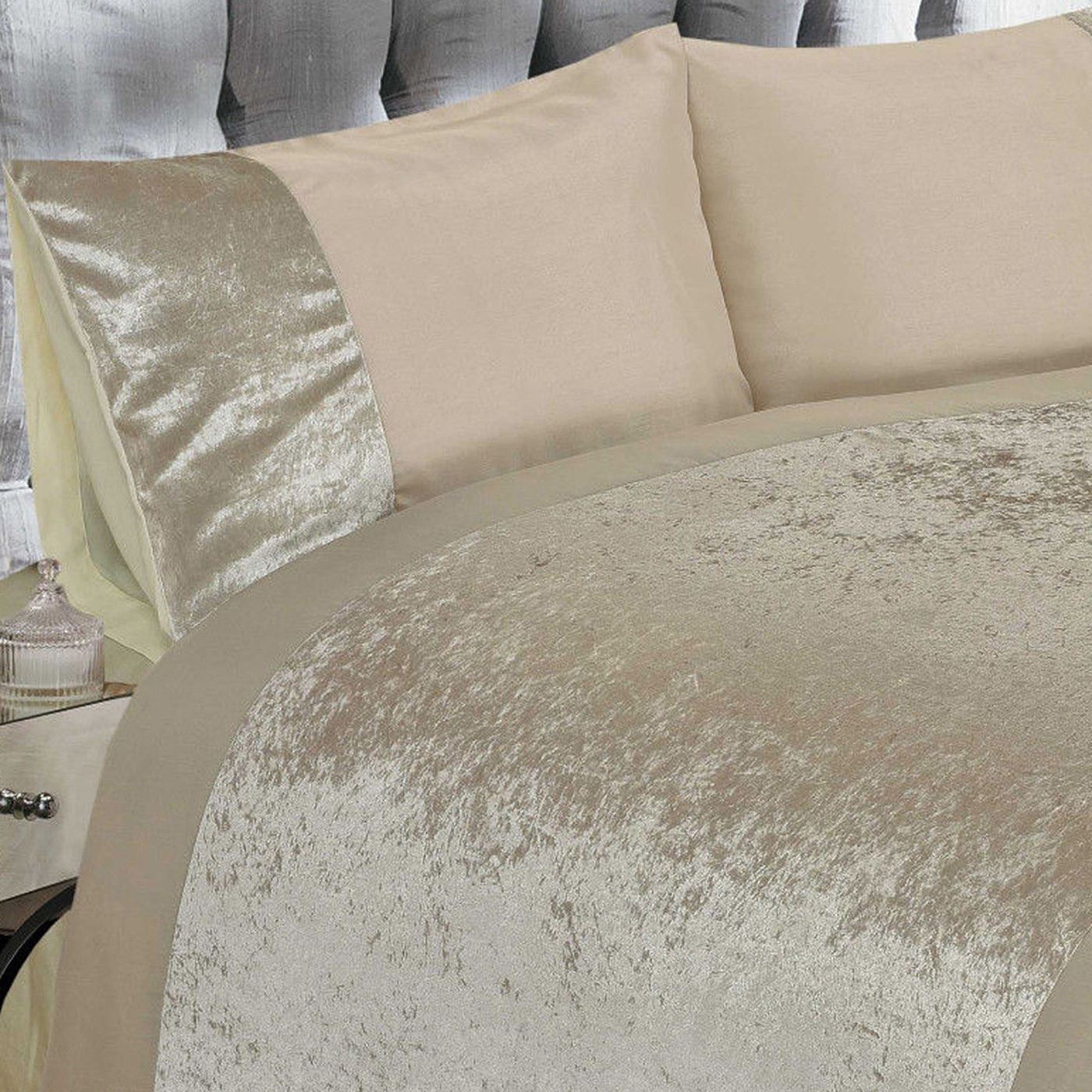 CRUSHED VELVET DUVET COVER & PILLOWCASE SET RAPPORT CREAM NATURAL